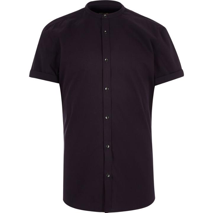 River Island Menspurple Poplin Grandad Collar Shirt