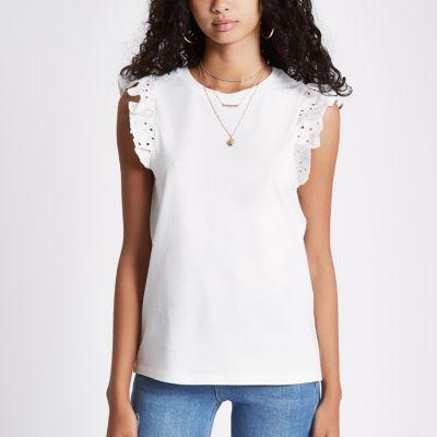 River Island Womens White Broderie Frill Sleevek Top