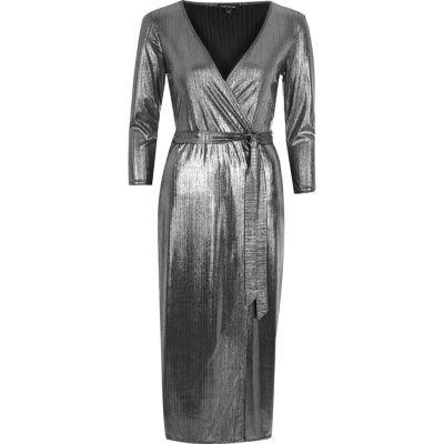 River Island Womens Silver Plunge Wrap Dress
