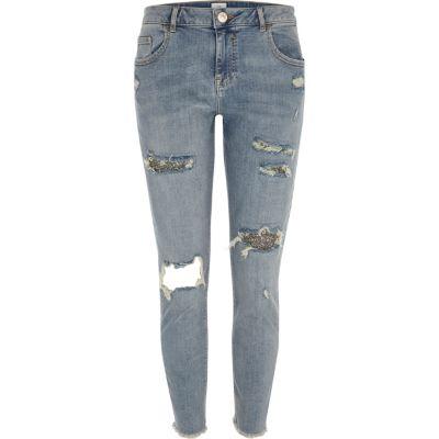 River Island Womens Alannah Glitter Rip Relaxed Skinny Jeans