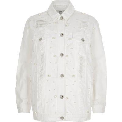 River Island Womens White Peal Ripped Oversized Denim Jacket
