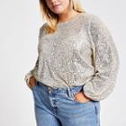 River Island Womens Plus Silver Sequin Long Sleeve Top
