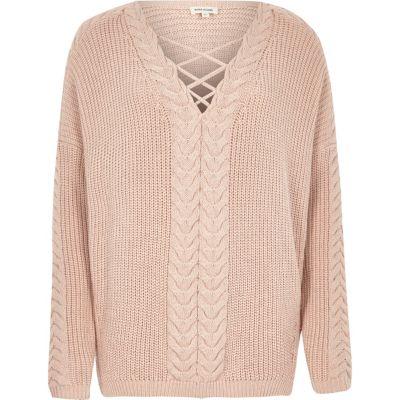 River Island Womens Blush Cable Knit Tie Front Sweater