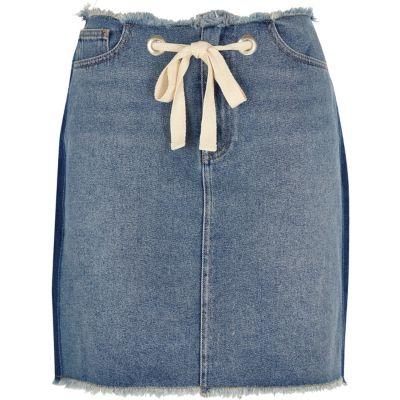 River Island Womens Frayed Hems Drawstring Denim Mini Skirt