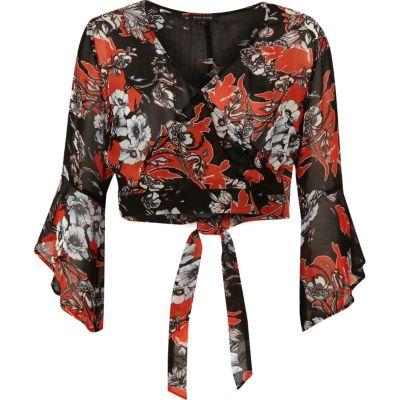 River Island Womens Floral Print Bell Sleeve Wrap Crop Top