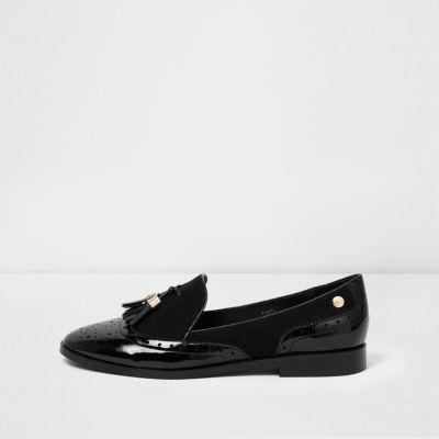 River Island Womens Patent Mix Fabric Tassel Loafers