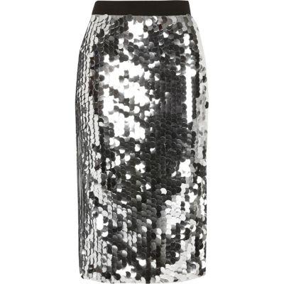 River Island Womens Silver Sequin Midi Pencil Skirt