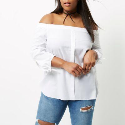 River Island Womens Plus White Tie Sleeve Bardot Shirt