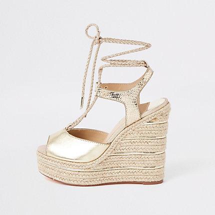 River Island Womens Gold Metallic Rope Tie-up Espadrille Wedges