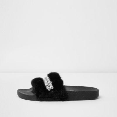River Island Womens Fluffy Rhinestone Sliders