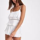 River Island Womens White Pom Pom Frill Lace Cami Pyjama Top