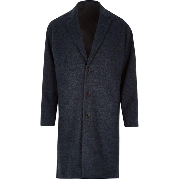 River Island Mensblue Smart Wool-blend Overcoat