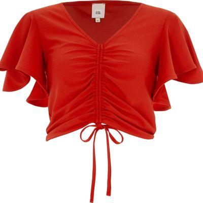 River Island Womens Ruched Front Frill Sleeve Crop Top