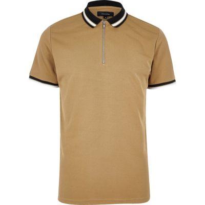 River Island Mens Brown Zip Placket Polo Shirt