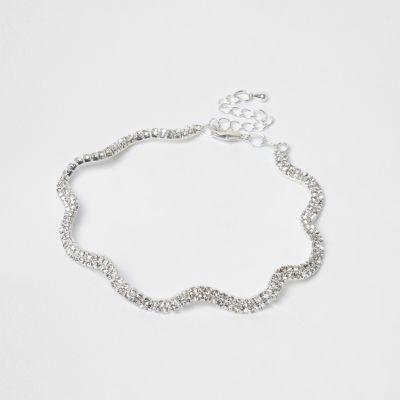 River Island Womens Silver Tone Diamante Wavy Anklet