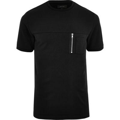 River Island Mensblack Crew Neck Zip Pocket T-shirt