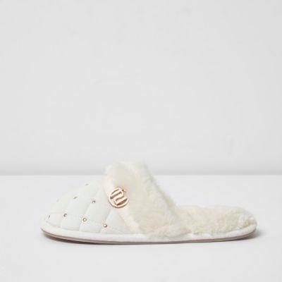 River Island Womens Quilted Fluffy Embellished Slippers