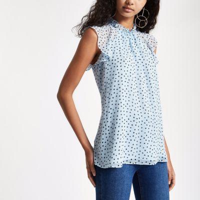 River Island Womens Spot Print Frill Sleeve Top