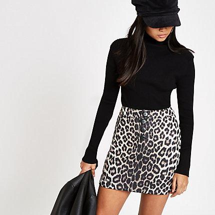 River Island Womens Petite Leopard Print Button Skirt