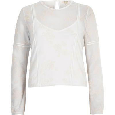 River Island Womens White Flocked Floral Mesh Grazer Top