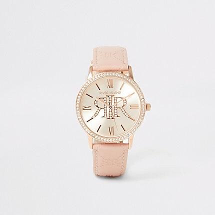 River Island Womens Diamante Ri Embossed Strap Watch