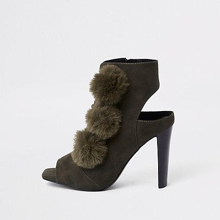 River Island Womens Faux Fur Pom Pom Open Toe Shoe Boot