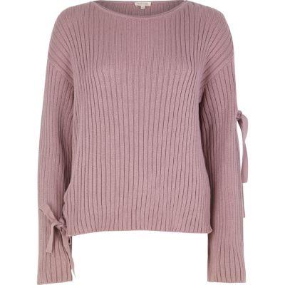 River Island Womens Ribbed Knit Eyelet Tie Sleeve Jumper