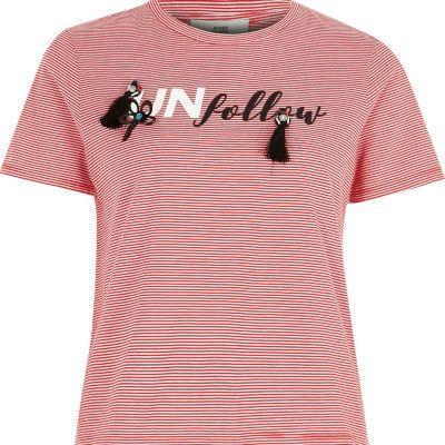 River Island Womens Petite 'unfollow' Stripe Tassel T-shirt