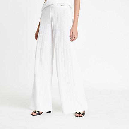 River Island Womens White Ribbed Wide Leg Trousers