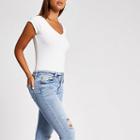 River Island Womens White Short Sleeve V Neck Ribbed T-shirt