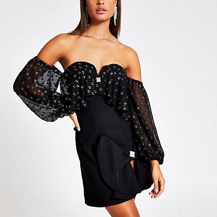 River Island Womens Bardot Frill Long Sleeve Mini Dress