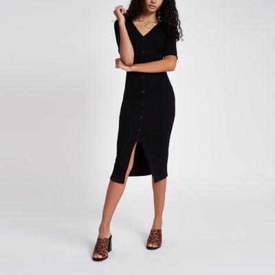 River Island Womens Rib Button Midi Bodycon Dress