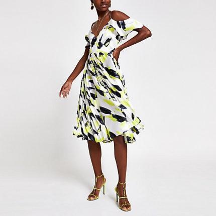 River Island Womens White Print Cold Shoulder Pleated Swing Dress