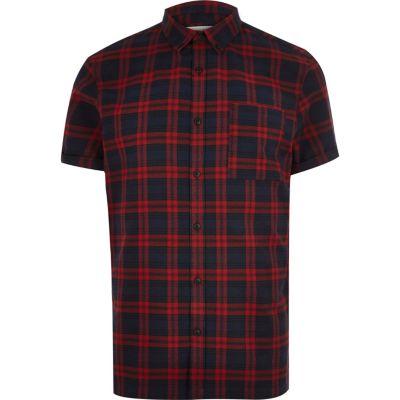 River Island Mensred Check Flannel Short Sleeve Shirt