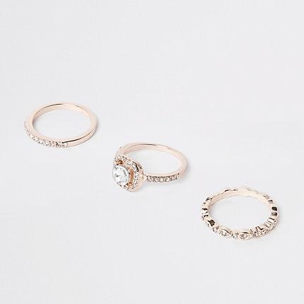 River Island Womens Rose Gold Rhinestone Ring Pack