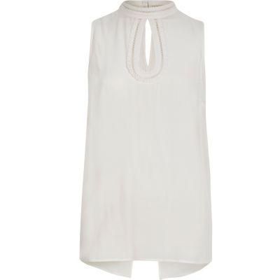 River Island Womens White High Neck Crochet Trim Sleeveless Top