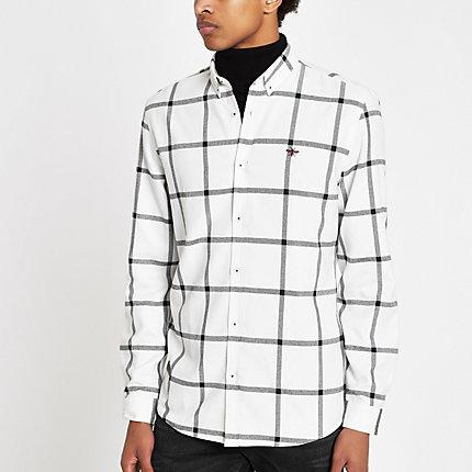 River Island Mens White Check Button Down Long Sleeve Shirt