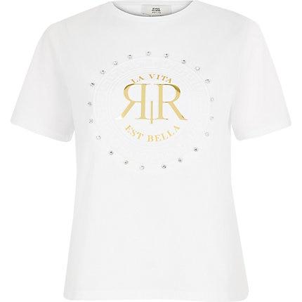 River Island Womens Petite White Ri Diamante T-shirt