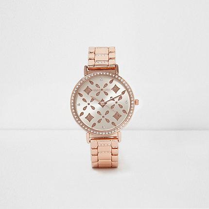 River Island Womens Rose Gold Tone Laser Cut Rhinestone Watch