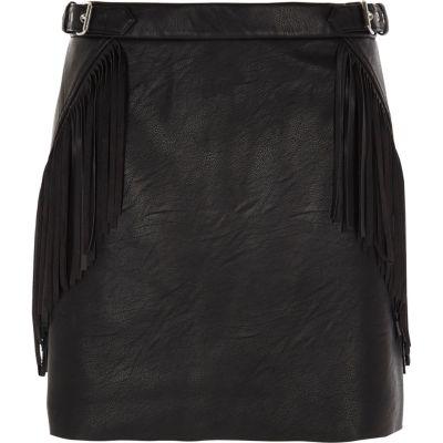 River Island Womens Fringed Buckle Faux Leather Mini Skirt