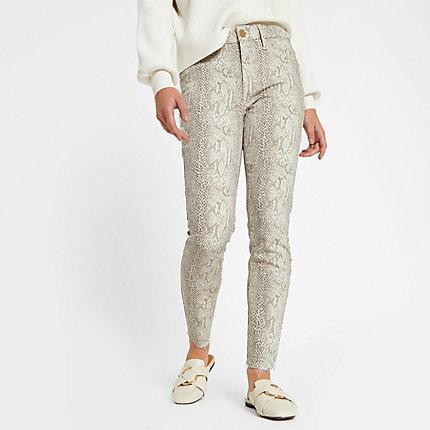 River Island Womens Petite White Molly Snake Print Jeggings