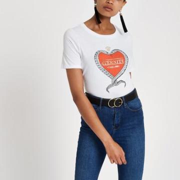 River Island Womens White Snake Heart 'eternite' Print T-shirt