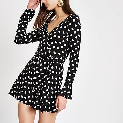 River Island Womens Spot Tie Back Long Sleeve Playsuit