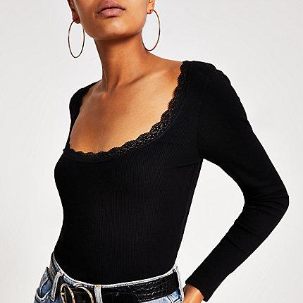 River Island Womens Lace Neck Fitted Long Sleeve Ribbed Top