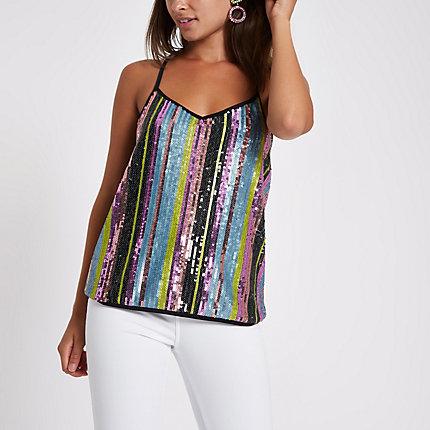 River Island Womens Stripe Sequin V Neck Cami Top