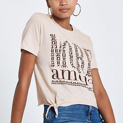 River Island Womens Print Tie Front Cropped T-shirt