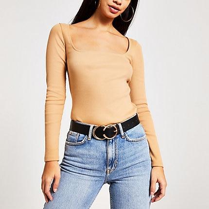 River Island Womens Long Sleeve Square Neck Ribbed Top