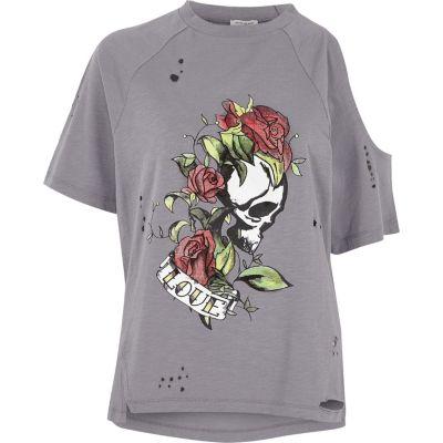 River Island Womens Skull Cold Shoulder Distressed T-shirt