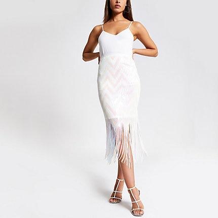 River Island Womens White Sequin Tassel Pencil Skirt