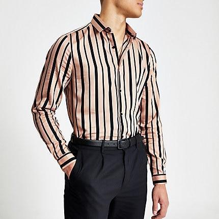River Island Mens Black Stripe Slim Fit Long Sleeve Shirt